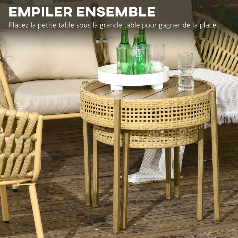 Outsunny Ensemble de 2 tables basses rondes pour intérieur ou extérieur - tables d'appoint en résine PE effet rotin style bohème
