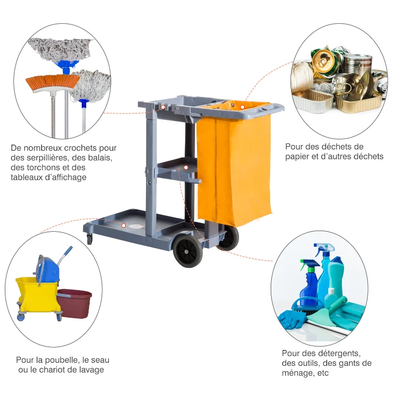 HOMCOM Chariot-poubelle chariot de nettoyage professionnel 3 plateaux sac grande résistance fourni jaune gris