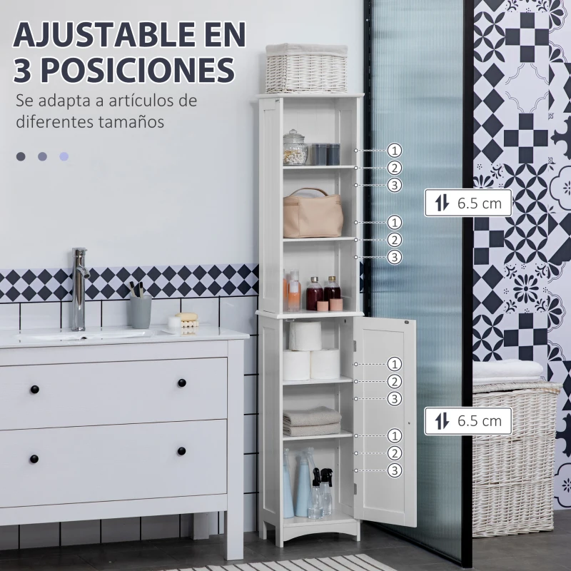 kleankin Columna de Baño con 3 Compartimientos Puerta y Estantes Ajustables para Ducha Aseo 34x23x165 cm Blanco