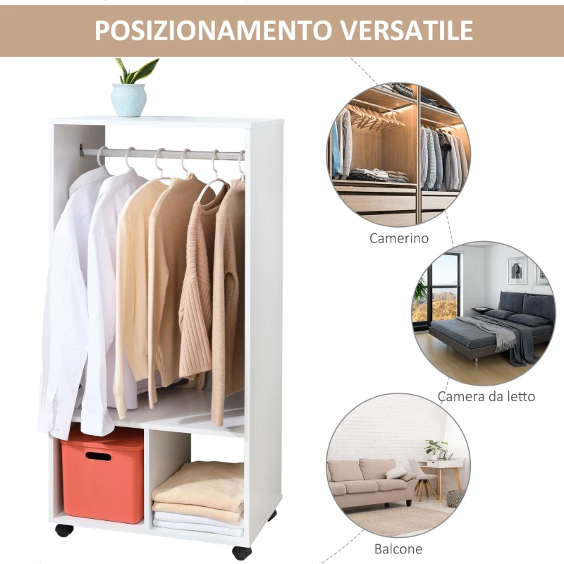 HOMCOM Mobile Appendiabiti con Barra in Alluminio e 2 Ripiani Aperti, in Truciolato, 60x40x128 cm, Bianco
