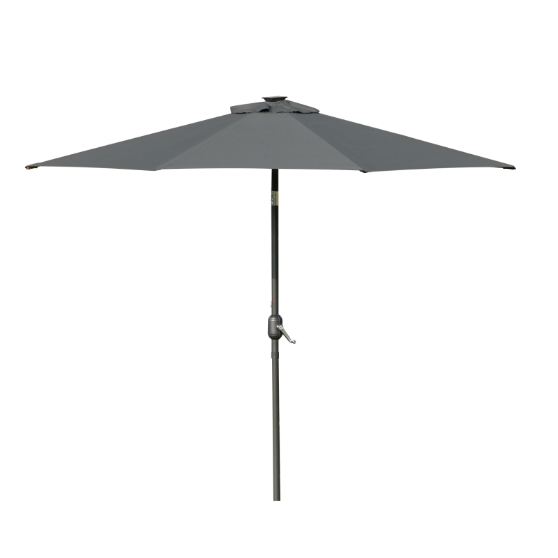 Outsunny Parasol de Terraza Ø268x238 cm con 24 Luces LED Solar Mecanismo de Inclinación Manivela y Poste Desmontable Gris