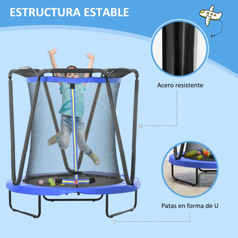 ZONEKIZ Cama Elástica Infantil Ø140 cm con Red de Seguridad Canasta de Baloncesto y 20 Bolas de Plástico Azul