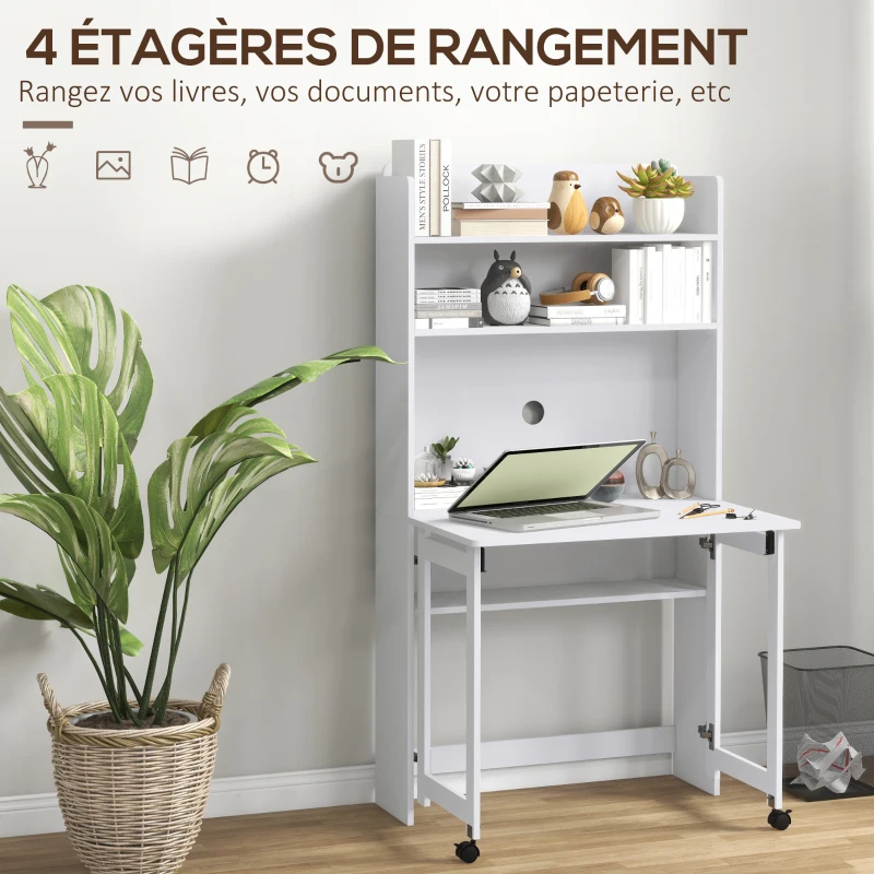 HOMCOM Bureau informatique avec étagères de rangement plateau rabattable 2 roulettes pour chambre salon 80 x 69 x 155 cm blanc