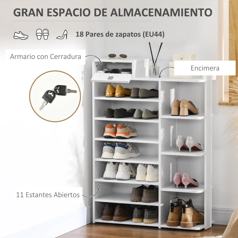 HOMCOM Estante Zapatero de Madera con 11 Estantes para 18 Pares de Zapatos y Armario con Cerradura 80x27x112 cm Blanco