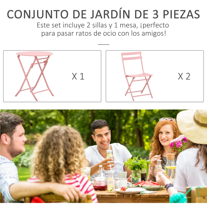 Outsunny Conjunto de Muebles de Jardín Plegable Juego de 1 Mesa y 2 Sillas de Terraza con Marco de Acero y Respaldo Rosa