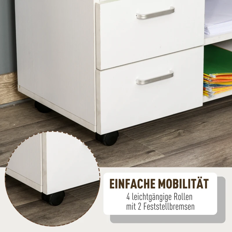 HOMCOM Aktenschrank, Druckerständer, Rollwagen mit 2 Schubladen+1 Schrank, Spanlatte, Weiß, 60 x 65 x 35 cm