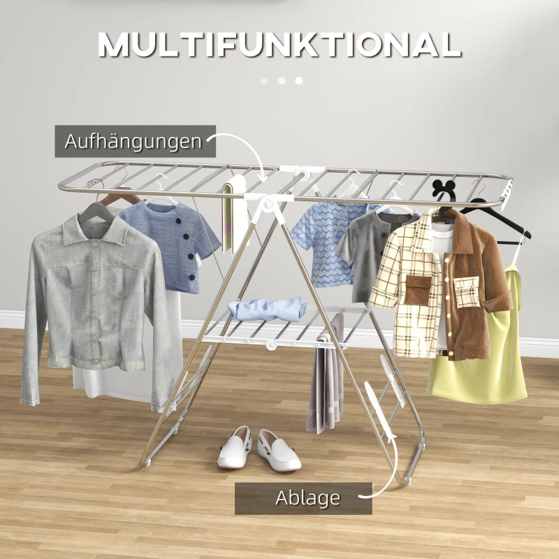 HOMCOM Wäscheständer 1,48 m Trockenlänge tragbar Standtrockner mit Teleskopstangen, Flügelwäscheständer Wäschetrockner für Innen und Außen, Silber+Weiß