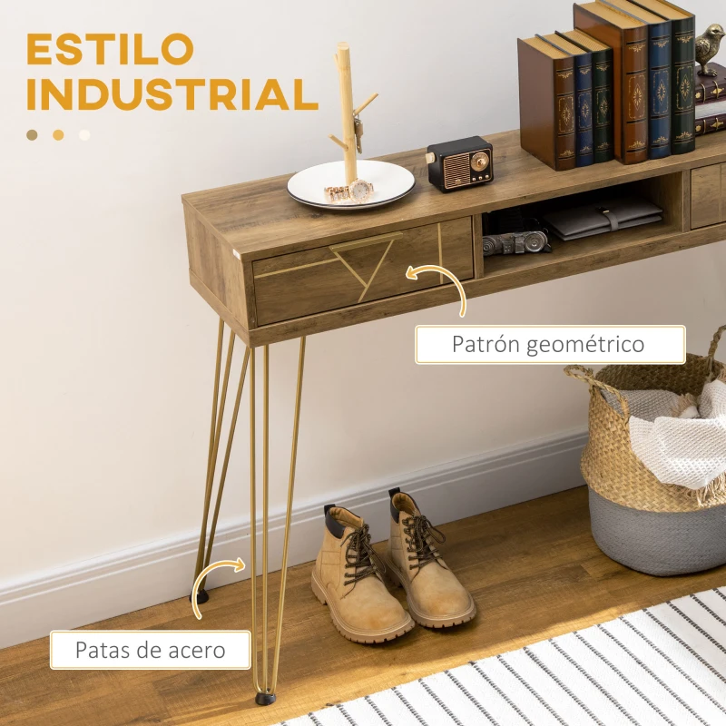 HOMCOM Consola Mueble Recibidor de Entrada con 2 Cajones Estante Abierto y Patas de Acero 120x29x79 cm Madera y Bronce