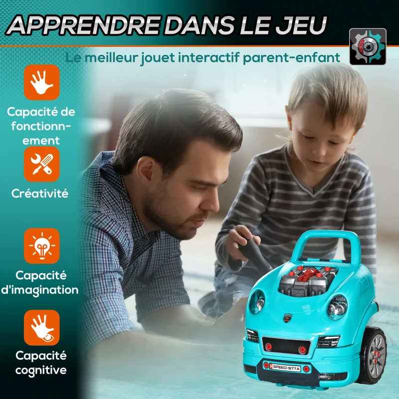HOMCOM Camion mécano 2 en 1 jouet bricolage enfant jeu d'imitation mécanicien nombreux qccessoires total de 61 pièces bleu