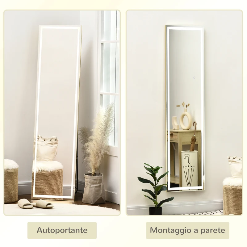 HOMCOM Specchio da Terra e da Parete con Luce LED Regolabile e Telecomando, 40x37x156.5cm
