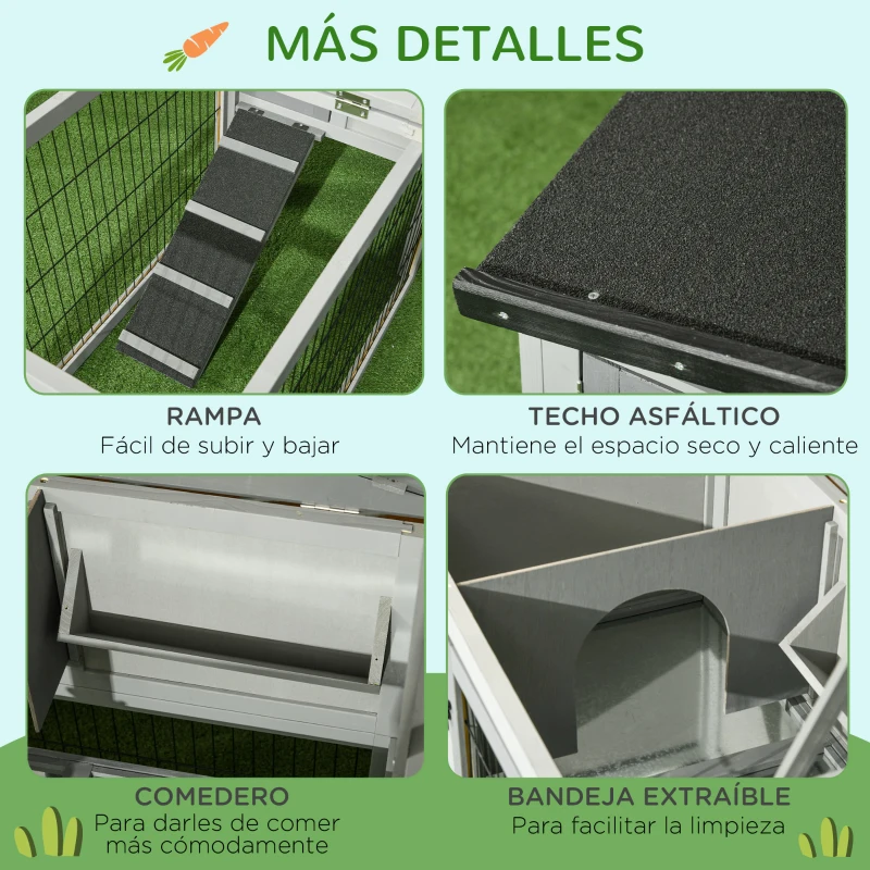 PawHut Conejera Exterior de Madera 150x52x68 cm Jaula para Conejos Grande con Techo Abatible Bandeja Extraíble y Rampa Gris(m-7)