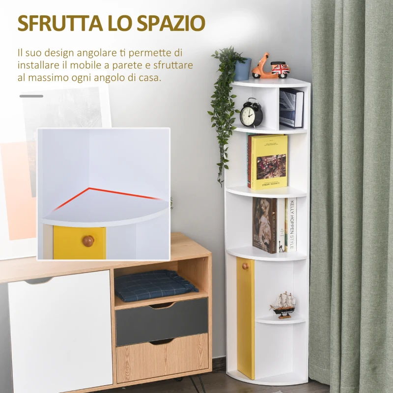 HOMCOM Scaffale Angolare da Parete in Legno Bianco, Mobile Libreria con 5 Ripiani e Armadietto Giallo, Design Moderno, 29.8x29.9x147cm