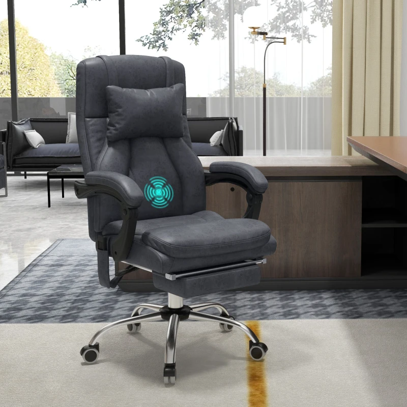 Vinsetto Office Chair with Lumbar Massage, 135° Reclining Computer Chair with Adjustable Headrest, Retractable Footrest, 10cm Double Padded Seat, Microfiber Fabric, Metal Base, Dark Grey