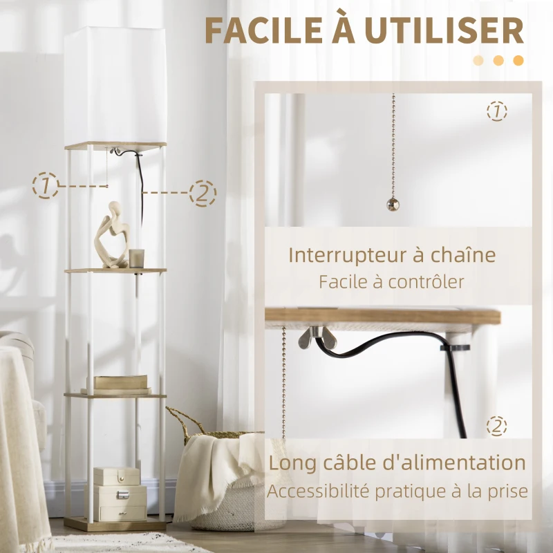 HOMCOM Lampadaire en bois design moderne 3 étagères douille E27 (ampoule non inclus) pour chambre salon bureau café hôtel blanc
