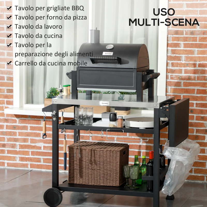 Outsunny Carrello Barbecue con Tavolino Pieghevole in Acciaio Inox, 2 Ruote e Accessori, 125x65x84 cm, Nero