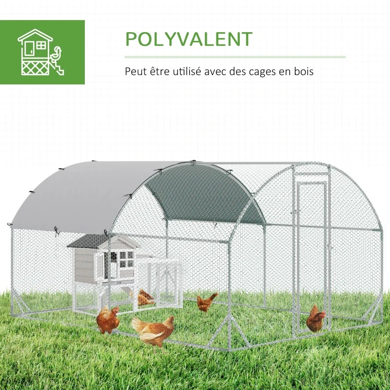PawHut Grand enclos poulailler 10,64 ㎡ parc grillagé toit anti-UV porte verouillable 2,8 x 3,8 x 1,97 m argenté