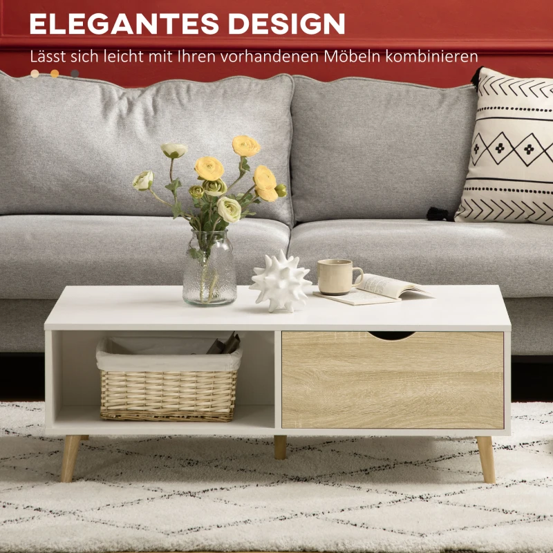 HOMCOM Couchtisch im Skandi-Design, 2 Regale, 2 Schubladen, 106 cm x 58 cm x 39,5 cm, Weiß + Natur