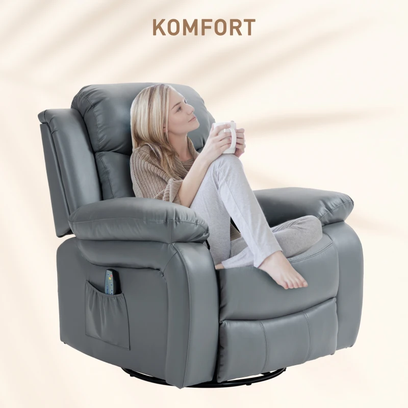 HOMCOM Massagesessel, Wipp- & Liegefunktion, drehbar, bis 150 kg, Kunstleder, Grau(m-7)
