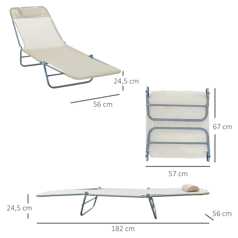 Outsunny Sonnenliege klappbar Gartenliege mit Kopfkissen Liegestuhl verstellbar mit 5-Fach Campingliege bis 120kg belastbar für Garten, Balkon und Pool geeignet, 4 Farben(Creme)