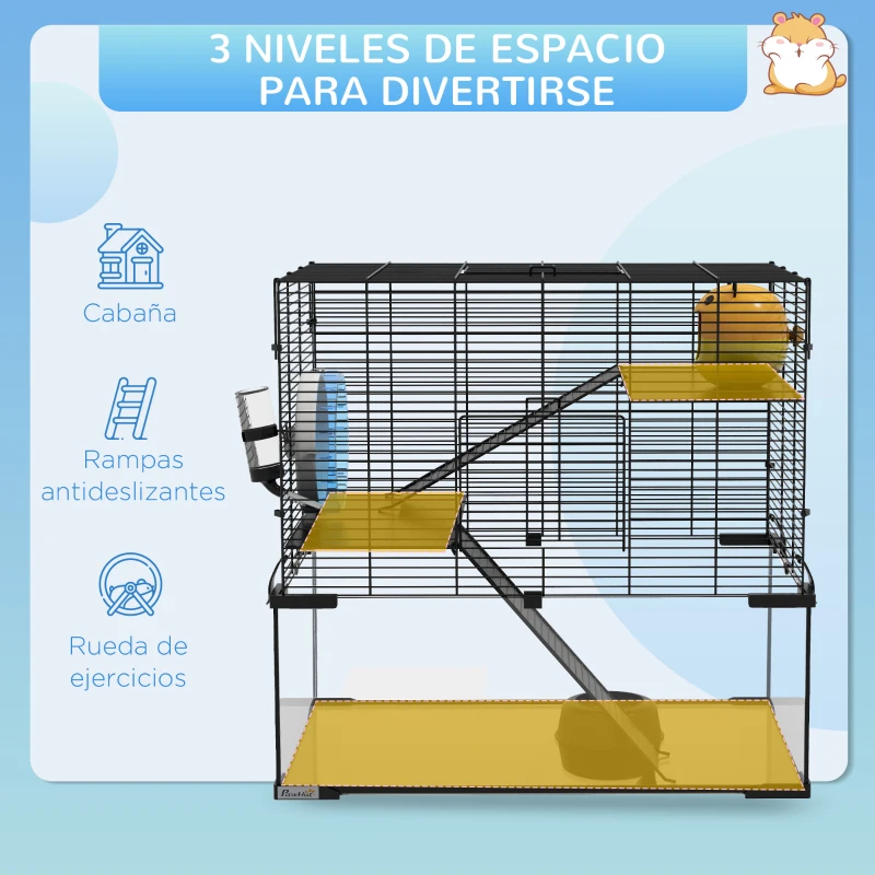 PawHut Jaula de Hámster con Fondo de Vidrio Plataformas Cuenco Bebedero Casita Rampas y Rueda de Ejercicio 60x40x54,5 cm Negro