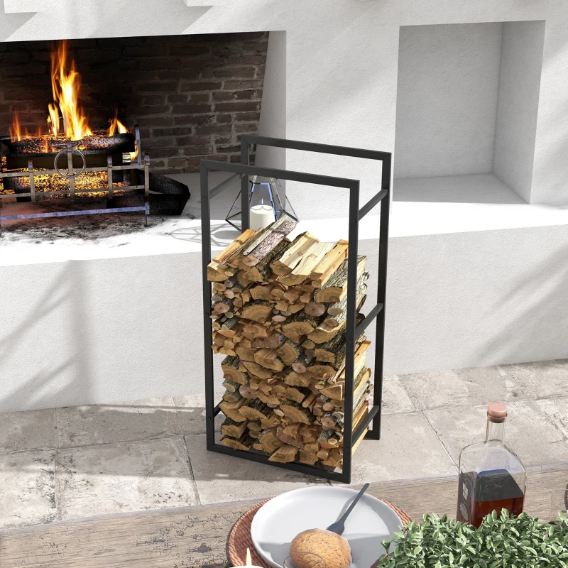 Outsunny Estante para Leña de Metal Estante de Almacenamiento para Apilar Troncos Soporte para Leña Metálico 50x30x100 cm Negro