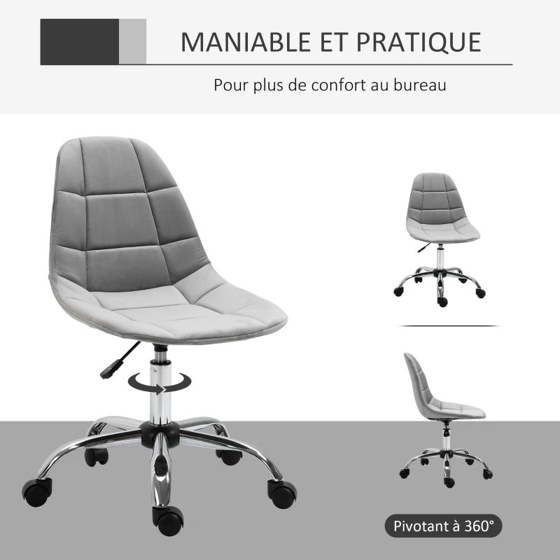Vinsetto Chaise de bureau effet capitonné hauteur réglable pivotant 360° piètement chromé velours gris