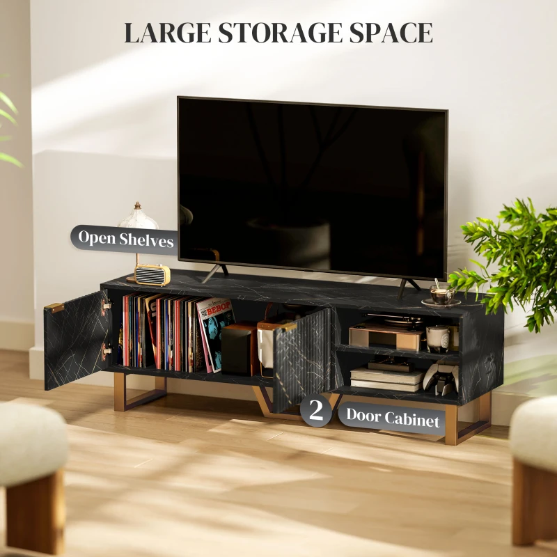 HOMCOM Marble Effect TV Unit, TV Stand Cabinet for up to 70" TVs, Modern TV Cabinet with Shelves and Storage Cupboard, Fluted Door, Extra Centre Leg, Cable Management for Living Room, Black