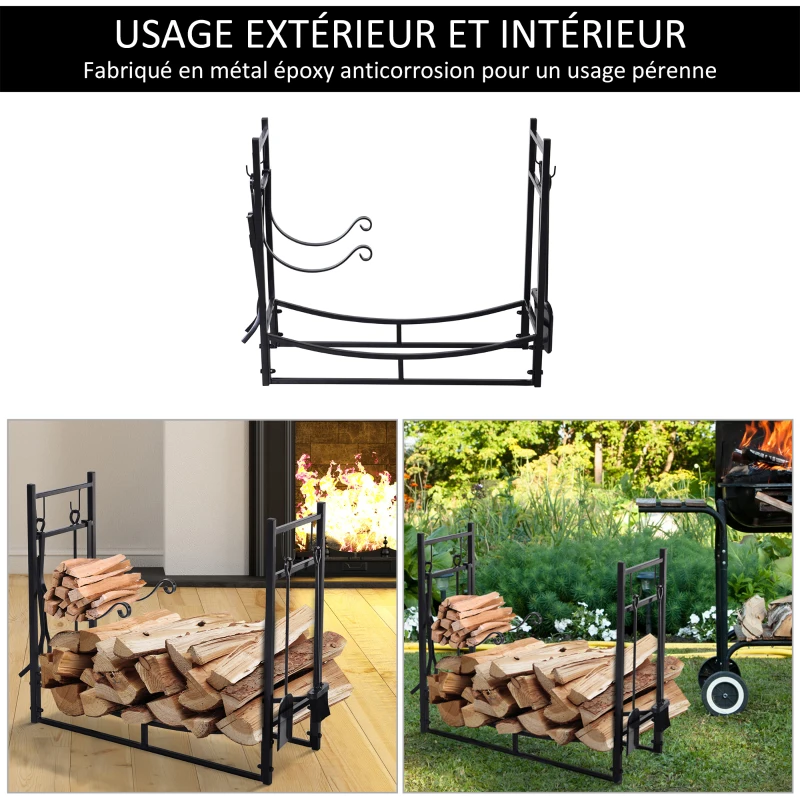 Outsunny Porte bûches - Range bûches Serviteur de cheminée - Multi Accessoires étagère bûche et Petit Bois métal Noir