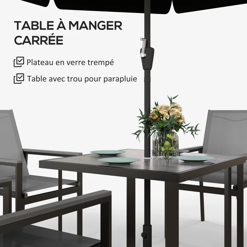 Outsunny Salon de jardin 5 pièces avec 1 table à manger et 4 chaises - plateau en verre trempé avec trou pour parasol gris