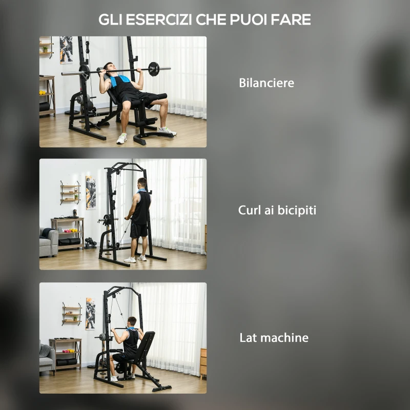 SPORTNOW Power Tower Multifunzione con Panca per Addominali e Porta Bilanciere Regolabile, Nero