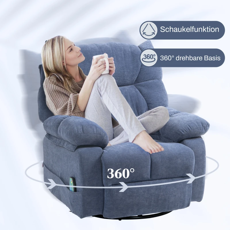 HOMCOM Massagesessel mit Wärme- & Liegefunktion, drehbar, bis 150 kg, Metallgestell, 98x90x98cm, Blau(m-6)