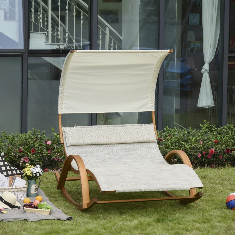 Outsunny Bain de Soleil transat de jardin chaise longue en bois Design à Bascule 2 pers. tétière & Pare-Soleil Inclus Bois pin pré-huilé textilène dim. 190L x 135l x 185H cm crème chiné