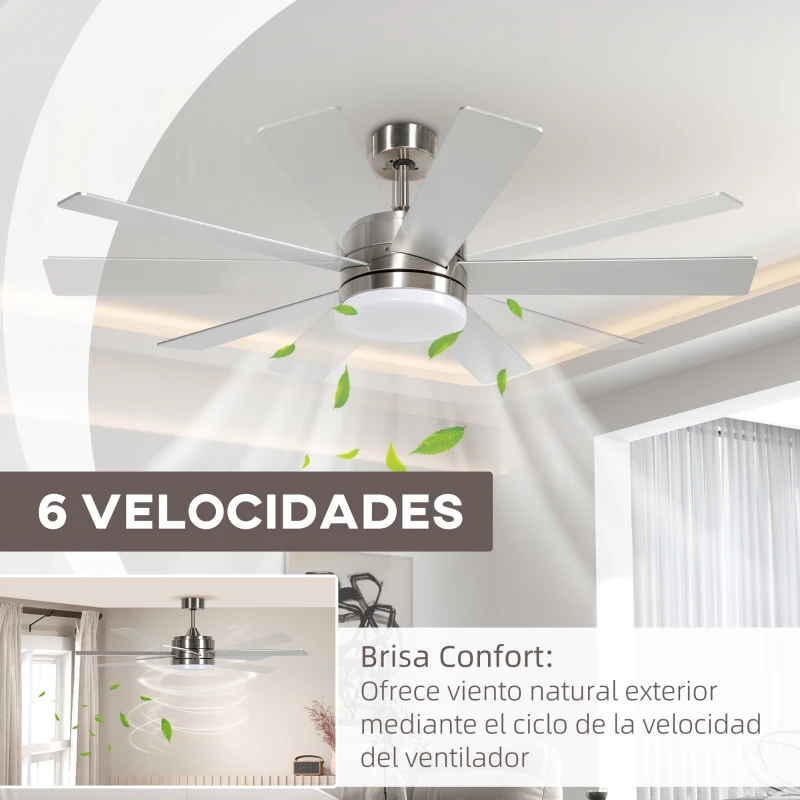 HOMCOM Ventilador de Techo con Luz LED 46W Ventilador de Techo Silencioso Ø132 cm con 5 Aspas Reversibles Control Remoto Haya