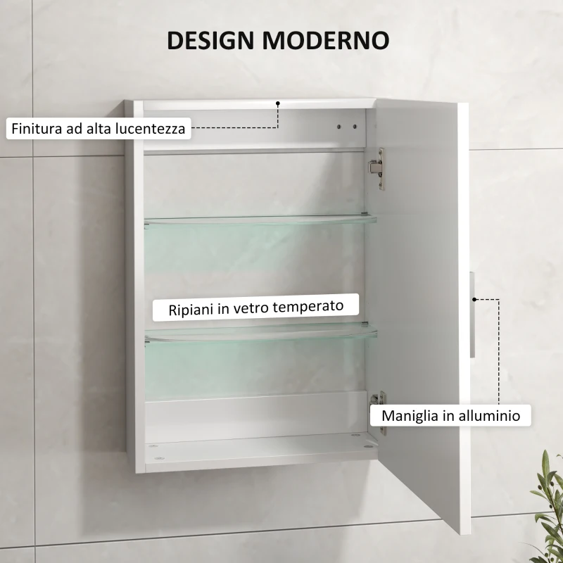 HOMCOM Armadietto Bagno da Parete in Legno con 3 Ripiani Regolabili in Vetro su 3 Livelli, 40x15x55 cm, Bianco