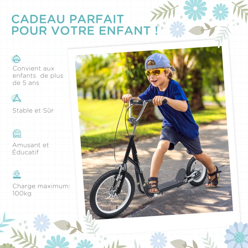 HOMCOM Trottinette patinette Vélo Enfant à partir de 5 Ans Tout Terrain Grands pneus gonflables Guidon réglable poignées Freins et béquille pour Adultes et Enfants Acier Noir