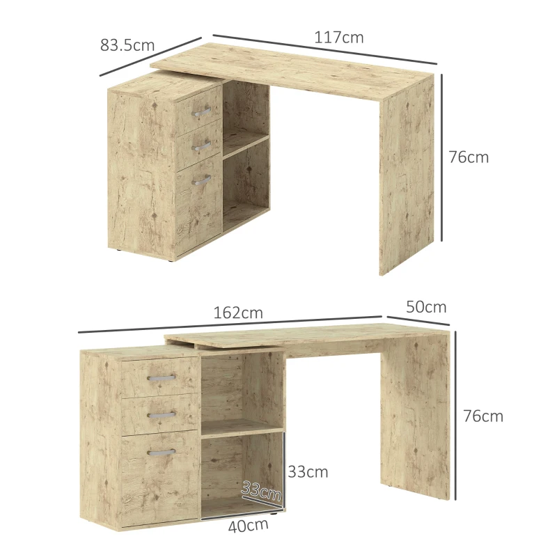 HOMCOM Scrivania Angolare per PC con 3 Cassetti e Ripiani Aperti, in Legno e Metallo, 117x83.5x76 cm, Noce