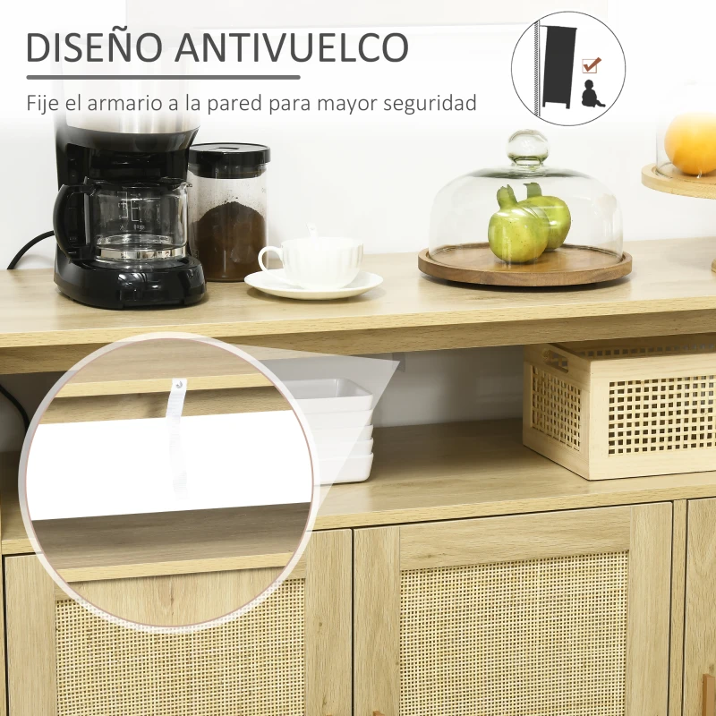 HOMCOM Aparador de Estilo Cannage Mueble Buffet Auxiliar con Puertas de Rejilla y Patas de Madera 120x40x97cm Natural
