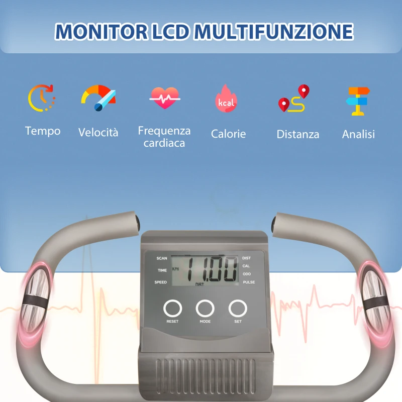 HOMCOM Cyclette Pieghevole 2 in 1, Resistenza Magnetica Regolabile 8 Livelli, Bici da Fitness con Sensore di Frequenza Cardiaca, Elastici per Braccia, Schermo LCD, Volano 2.5kg, Grigio