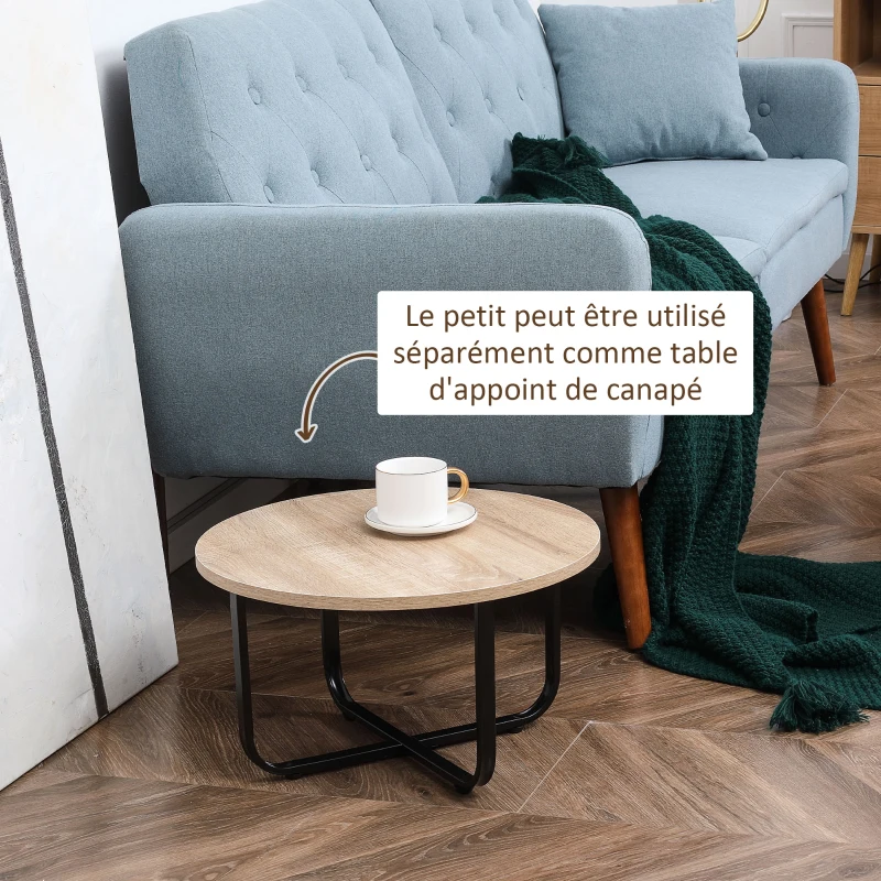HOMCOM Lot de 2 tables gigognes tables basses rondes style industriel plateau aspect bois clair et piètement en métal noir