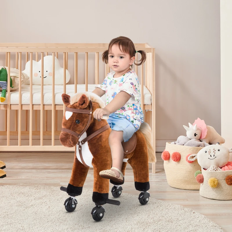 HOMCOM Caballito Infantil +2 Años Caballo con Ruedas Sonidos de Relincho Palos Pedales 55x23x60 cm Marrón