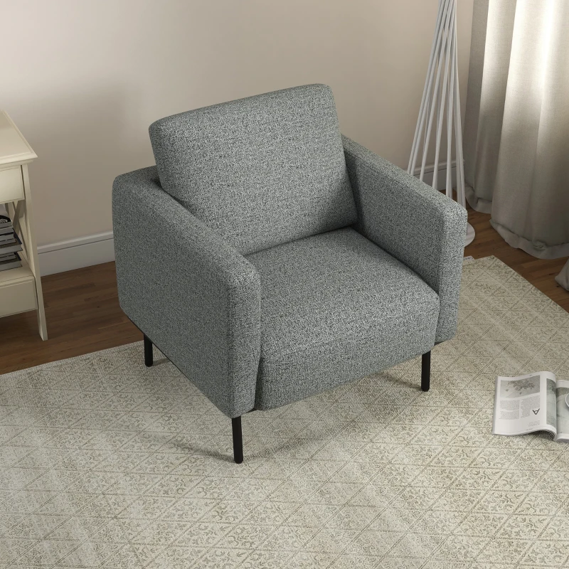 HOMCOM Fauteuil de salon fauteuil en tissu 1 place revêtement revêtement aspect lin pieds en acier 79 x 76 x 65 cm gris noir