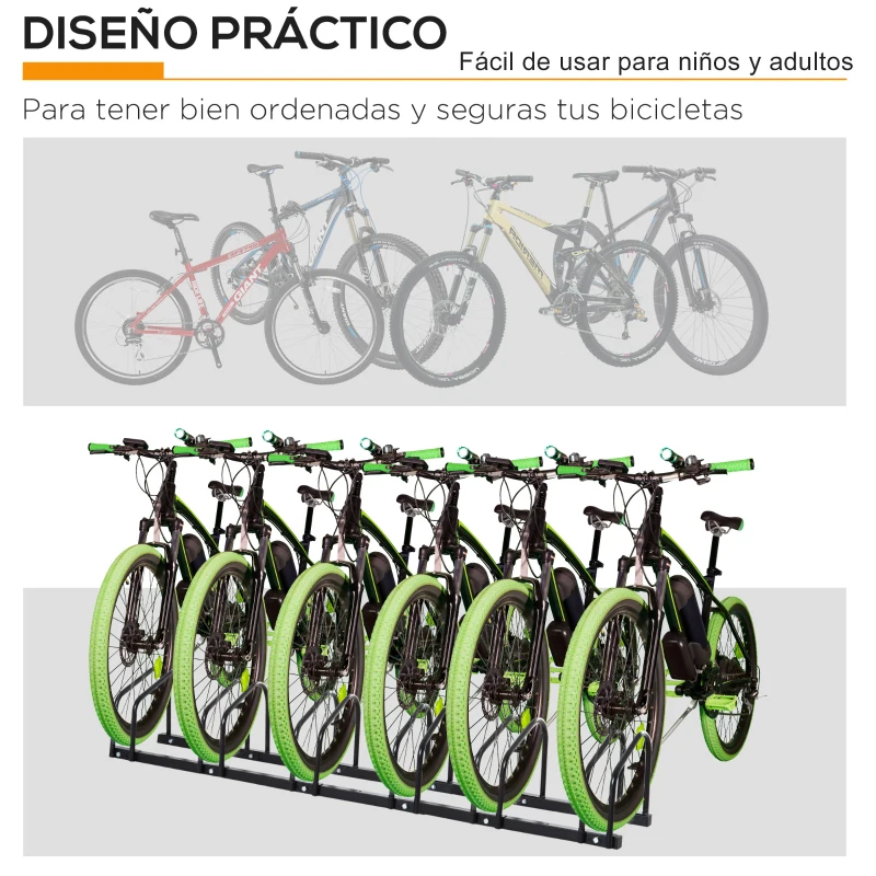 HOMCOM Aparcamiento para 6 Bicicletas Soporte de Acero para Aparcar Bicicletas en el Suelo o Pared 179x33x27 cm Negro