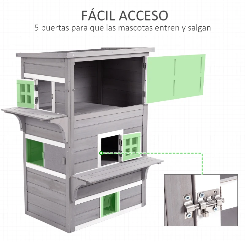 PawHut Caseta para Gatos de Madera Exterior Casa Grande para Gatos de 3 Pisos con Múltiples Entradas Ventanas y 2 Plataformas para Terraza Balcón Jardín 93,5x67x117 cm Gris