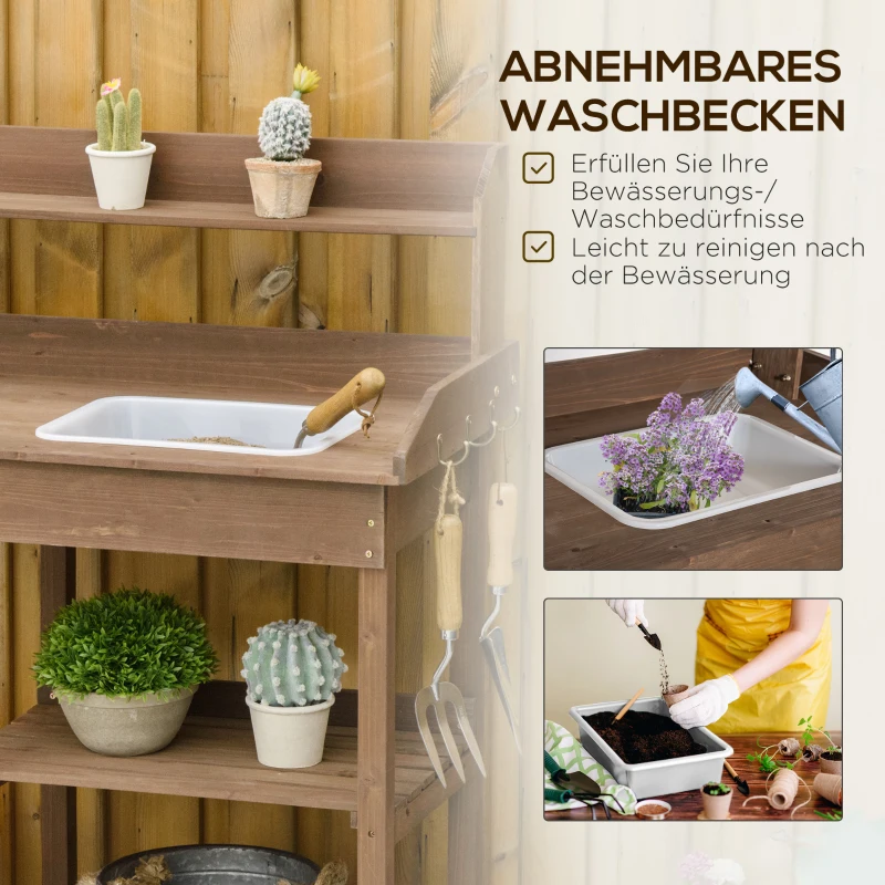 Outsunny Pflanztisch Gärtnertisch Blumentisch mit Wanne Garten Tannenholz Braun 117 x 45 x 121 cm