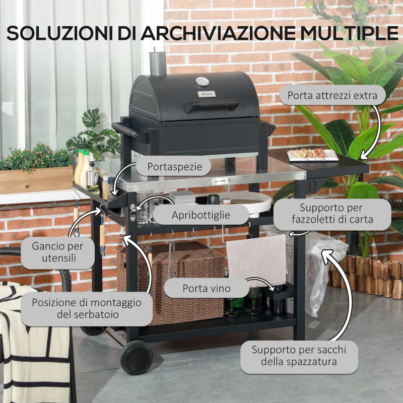 Outsunny Carrello Barbecue con Tavolino Pieghevole in Acciaio Inox, 2 Ruote e Accessori, 125x65x84 cm, Nero