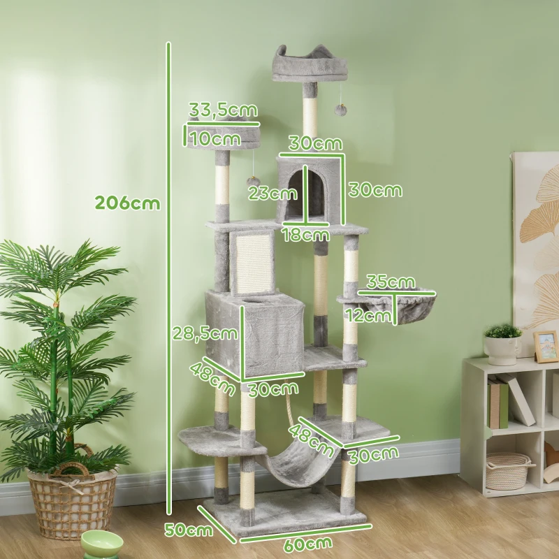 PawHut Árbol Rascador para Gatos Grande Altura 206 cm con Múltiples Niveles Cuevas Bolas Colgantes y Hamacas Gris