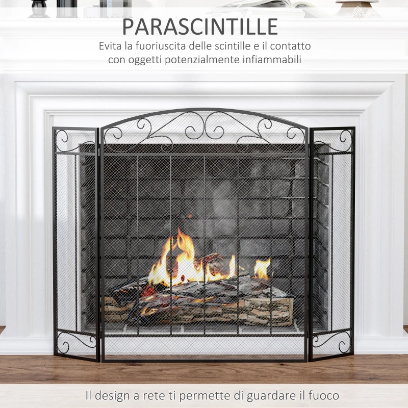 HOMCOM Parascintille Caminetto con 3 Pannelli Pieghevoli in Metallo e Acciaio Nero 105x1.6x80.5cm