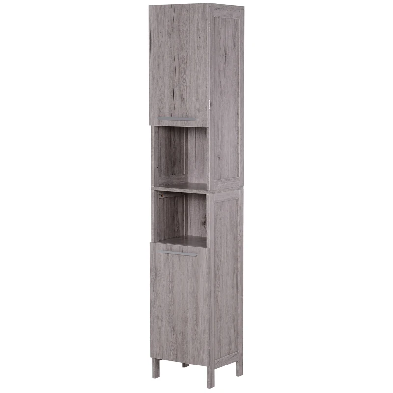 kleankin Columna de Baño Mueble Alto y Estrecho con Estantes Abiertos y 2 Armarios 30x32x172,5 cm Madera Grisácea