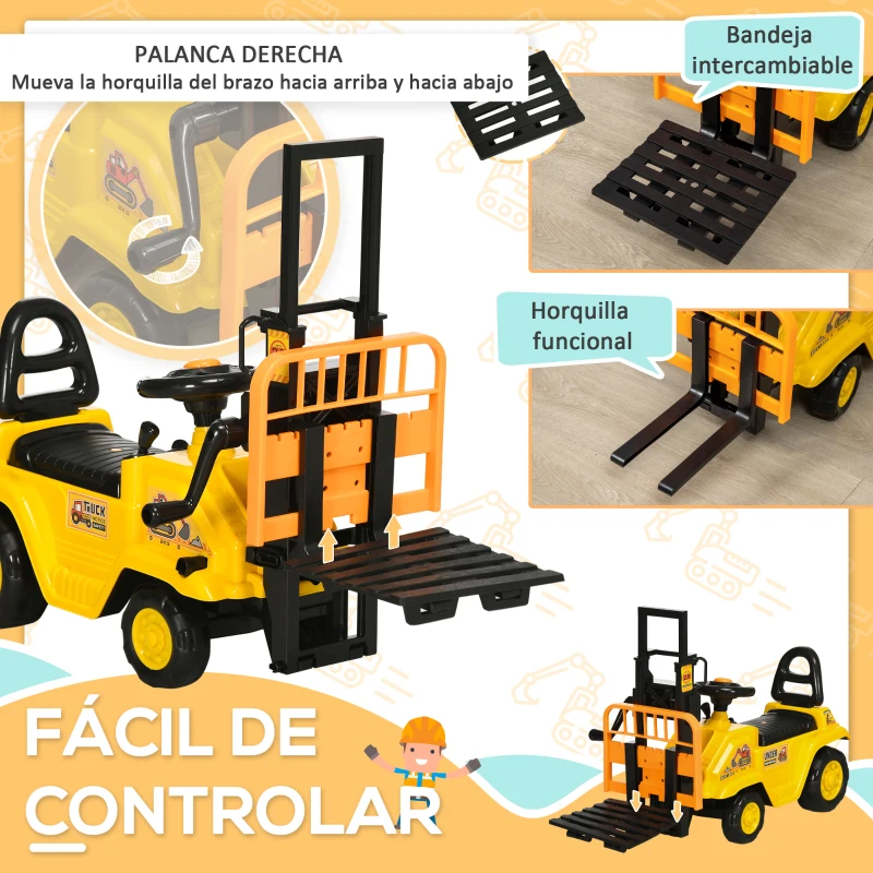 HOMCOM Carretilla Elevadora de Juguete sin Pedales para Niños de +3 Años con Brazo Móvil Bocina 86x27,5x47,5 cm Amarillo