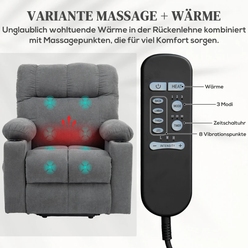 HOMCOM Aufstehhilfe Seniorensessel, Liegefunktion, inkl. Fernbedienung, 144 cm x 91 cm x 88 cm, Grau(m-5)